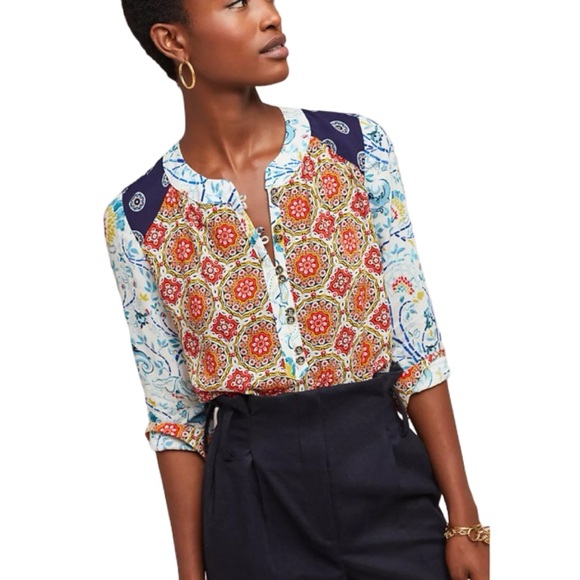 Anthropologie Tops - Maeve | Anthropologie Mandala Henley Boho V-Neckline Mixed Print Blouse Top